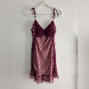 Angel Biba Sheer Polka Dot Ruched Slip Dress in Berry